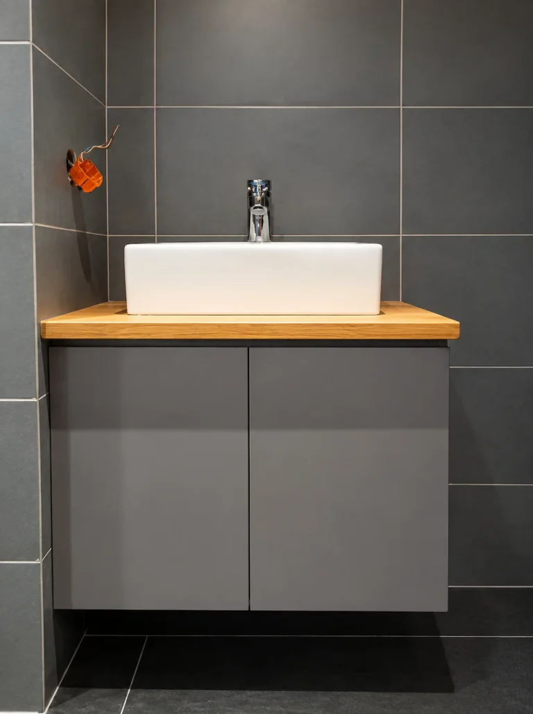 Meuble de salle de bain sur mesure réalisé par EDVA Rénovation, travaux en cours